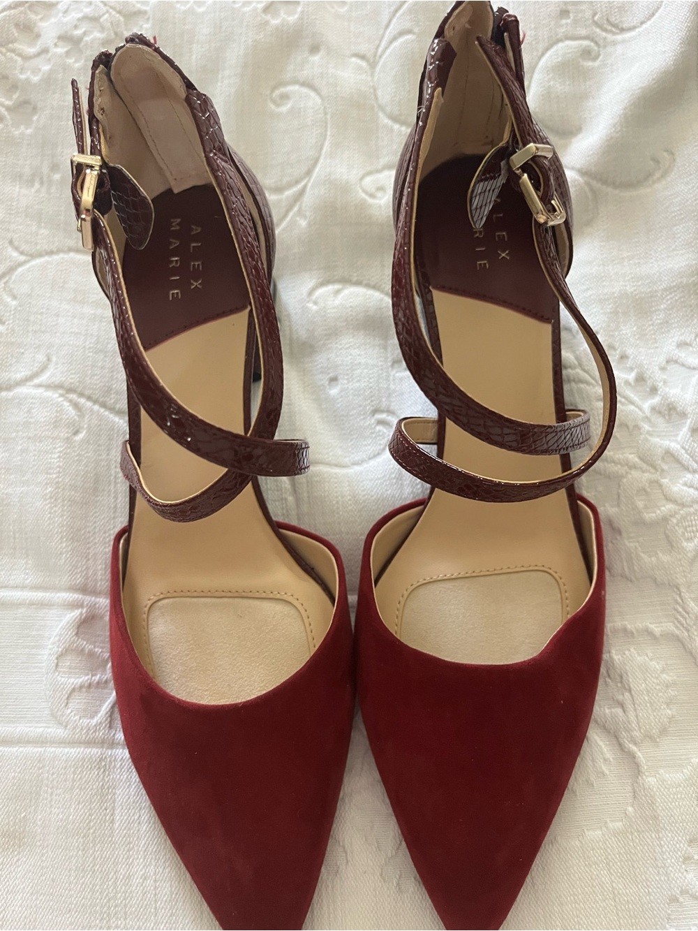 Alex Marie Burgundy Pointed-Toe Ankle-Strap Heels